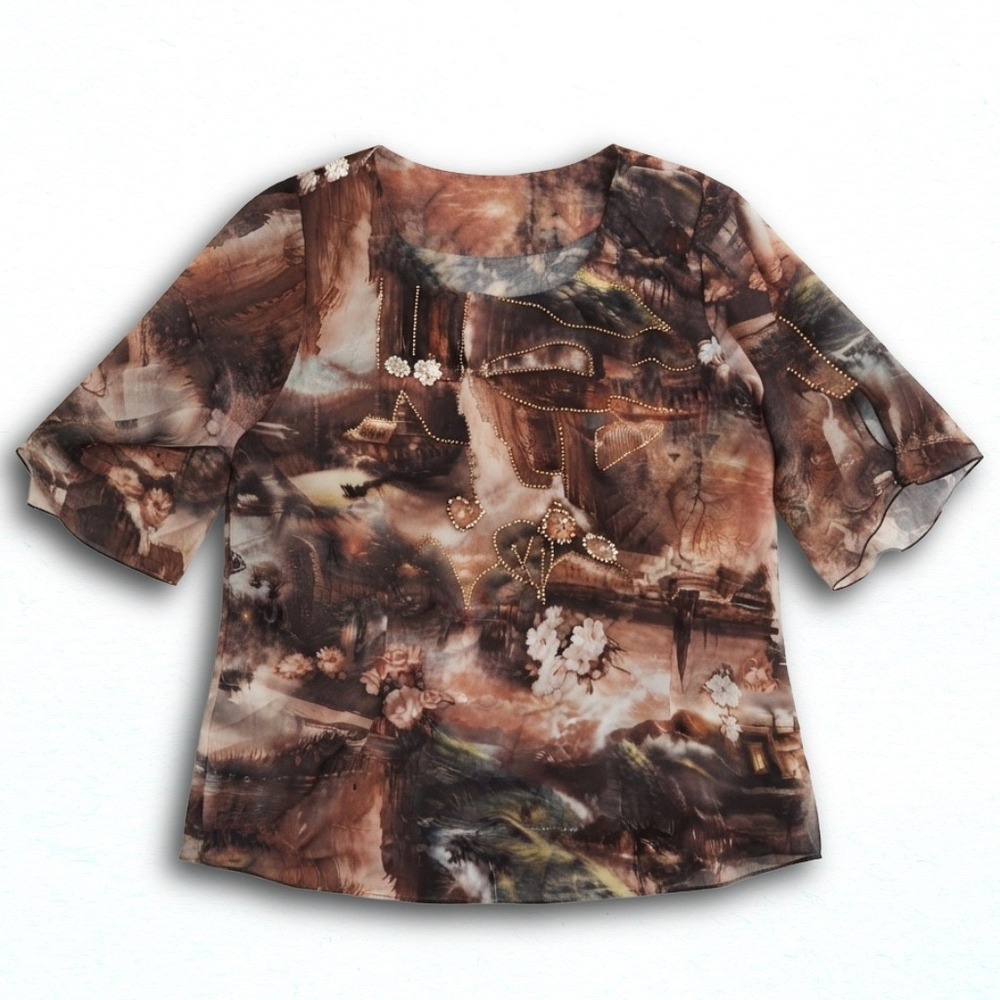 Vintage Sheer Landscape Floral Beaded Blouse Brown Earthy Art Print Top